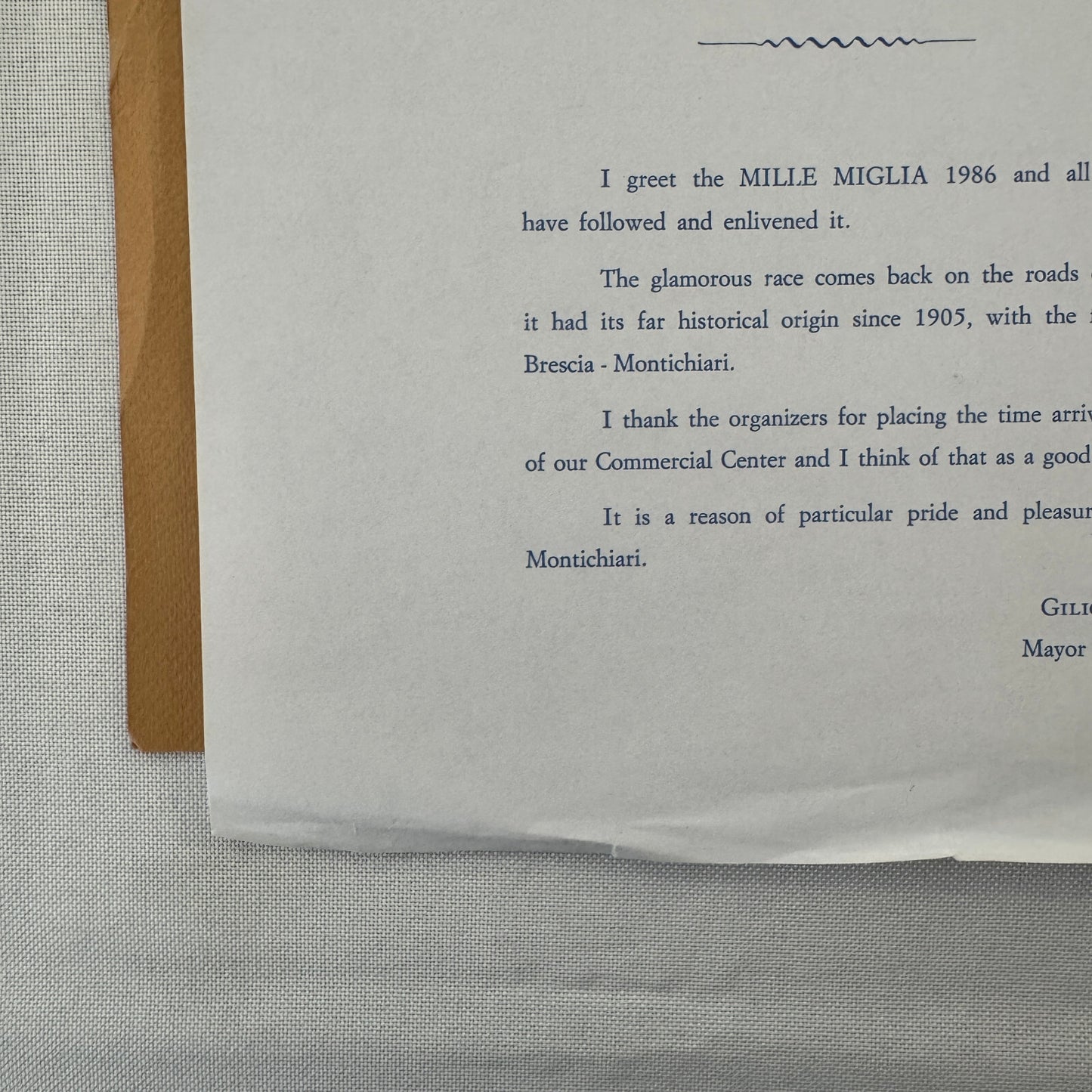 Mille Miglia Montichiari Italy 1986 Letter From Mayor with Vintage Photos 1986