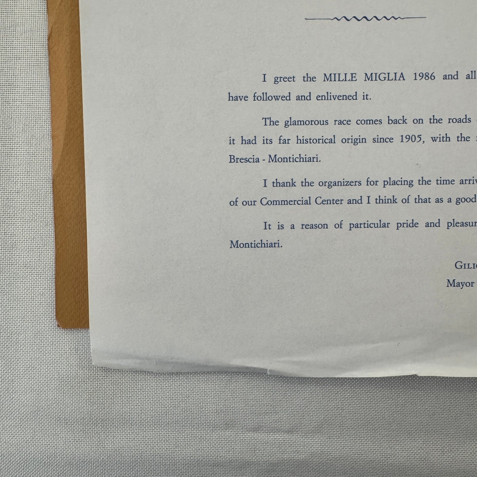 Mille Miglia Montichiari Italy 1986 Letter From Mayor with Vintage Photos 1986