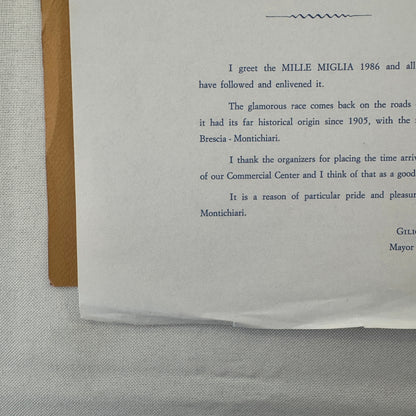 Mille Miglia Montichiari Italy 1986 Letter From Mayor with Vintage Photos 1986