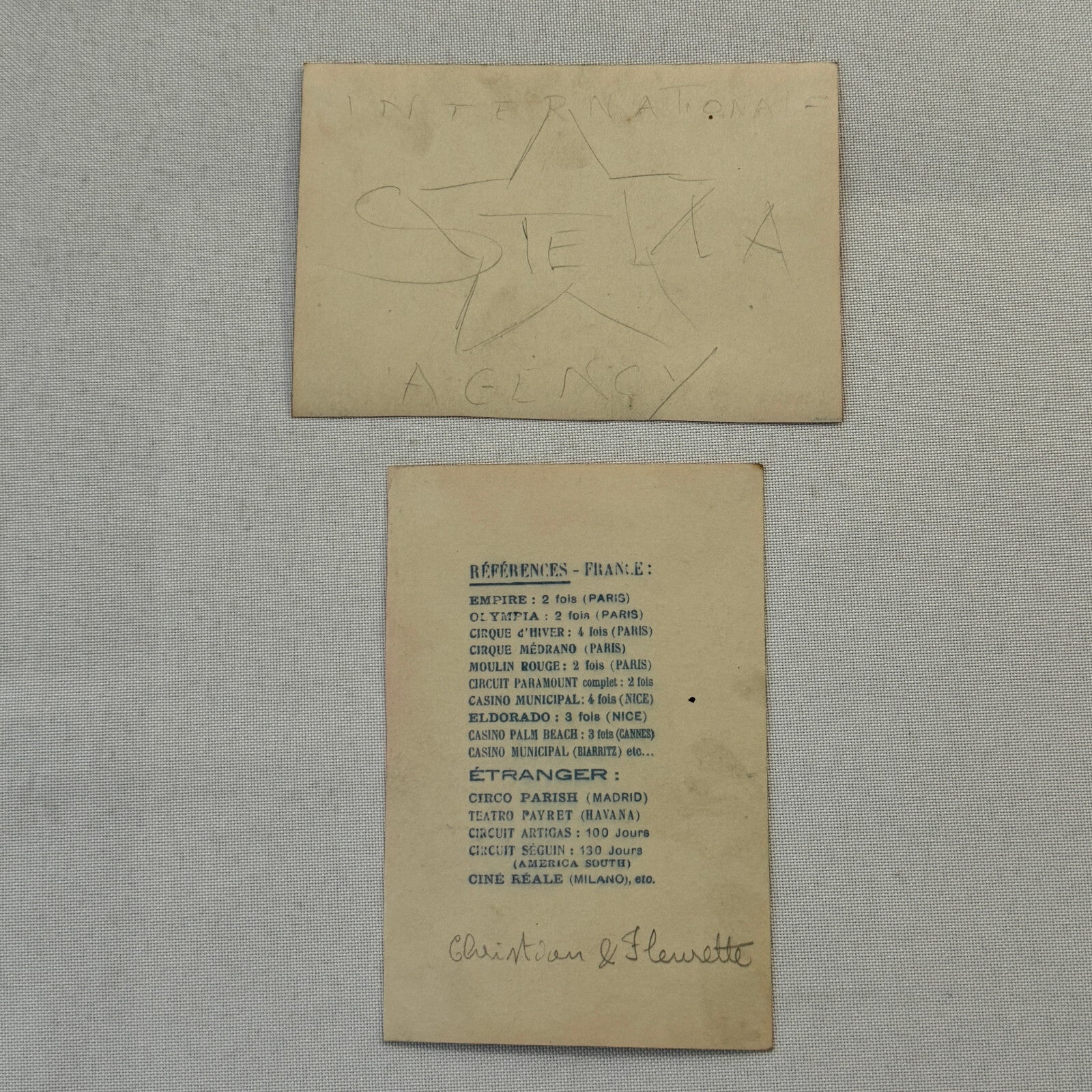 Vintage CIrcus Balancing Act Advertising Card Lot of 2 Christian & Fleurette