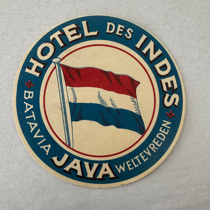 Vintage Hotel Travel Luggage Label Hotel Des Indes Batavia Java Weltevreden