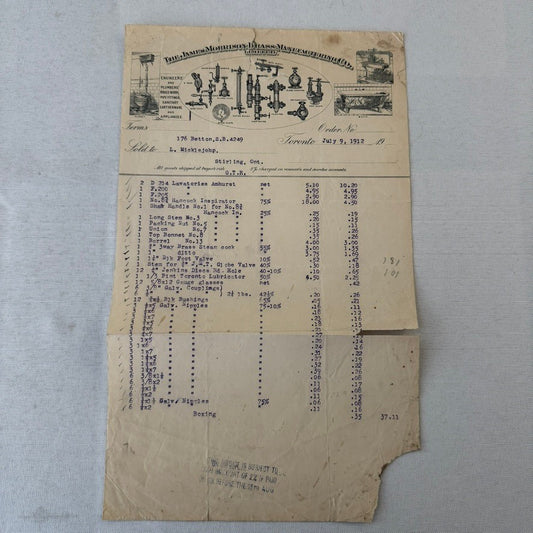 1912 Vintage Receipt Document  James Morrison Brass Manufacturing Company