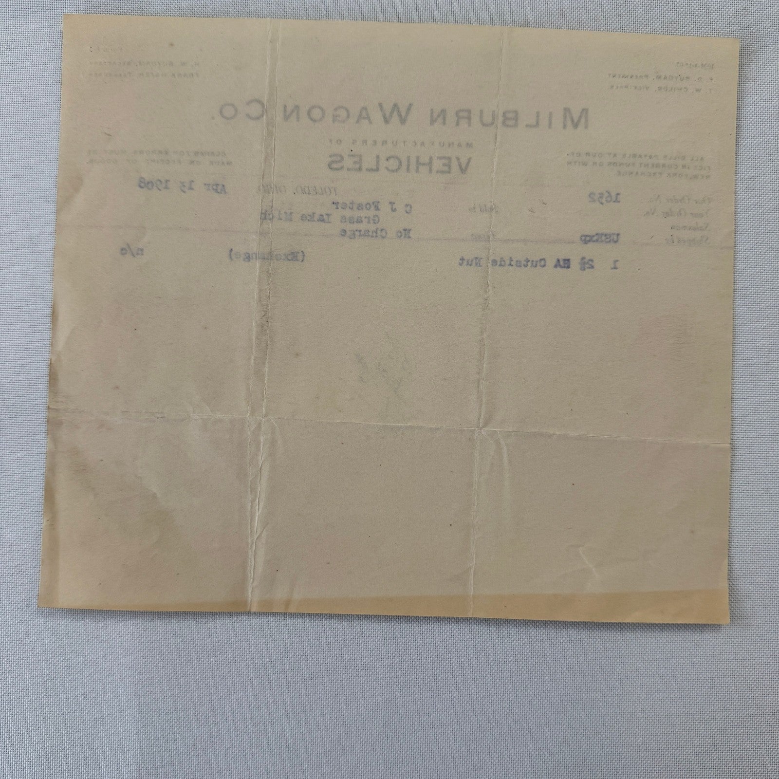 Milburn Wagon Company 1908 Toledo Ohio Invoice Receipt Document Lot 2x Antique