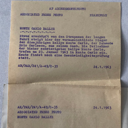 1963 Eric Carlsson Saab Monte Carlo Rallye Rally Driver Press Photo Photograph 