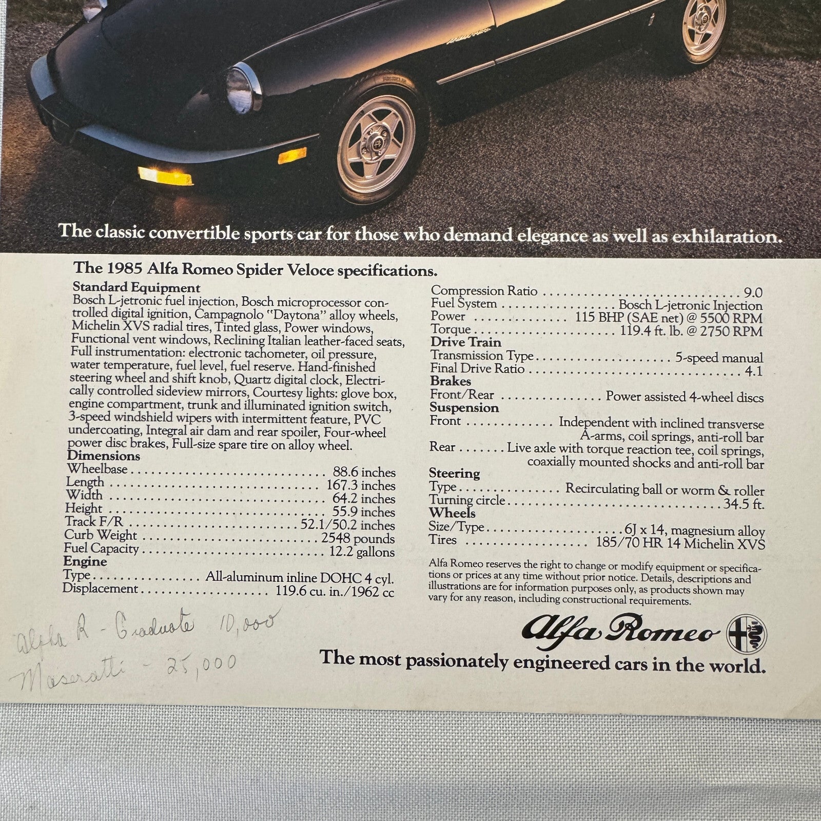 1985 Alfa Romeo Spider Veloce and GTV-6 2.5 Coupe Sales Sheet Brochure GTV 6