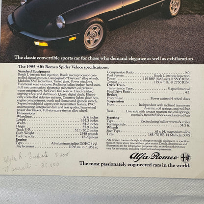 1985 Alfa Romeo Spider Veloce and GTV-6 2.5 Coupe Sales Sheet Brochure GTV 6