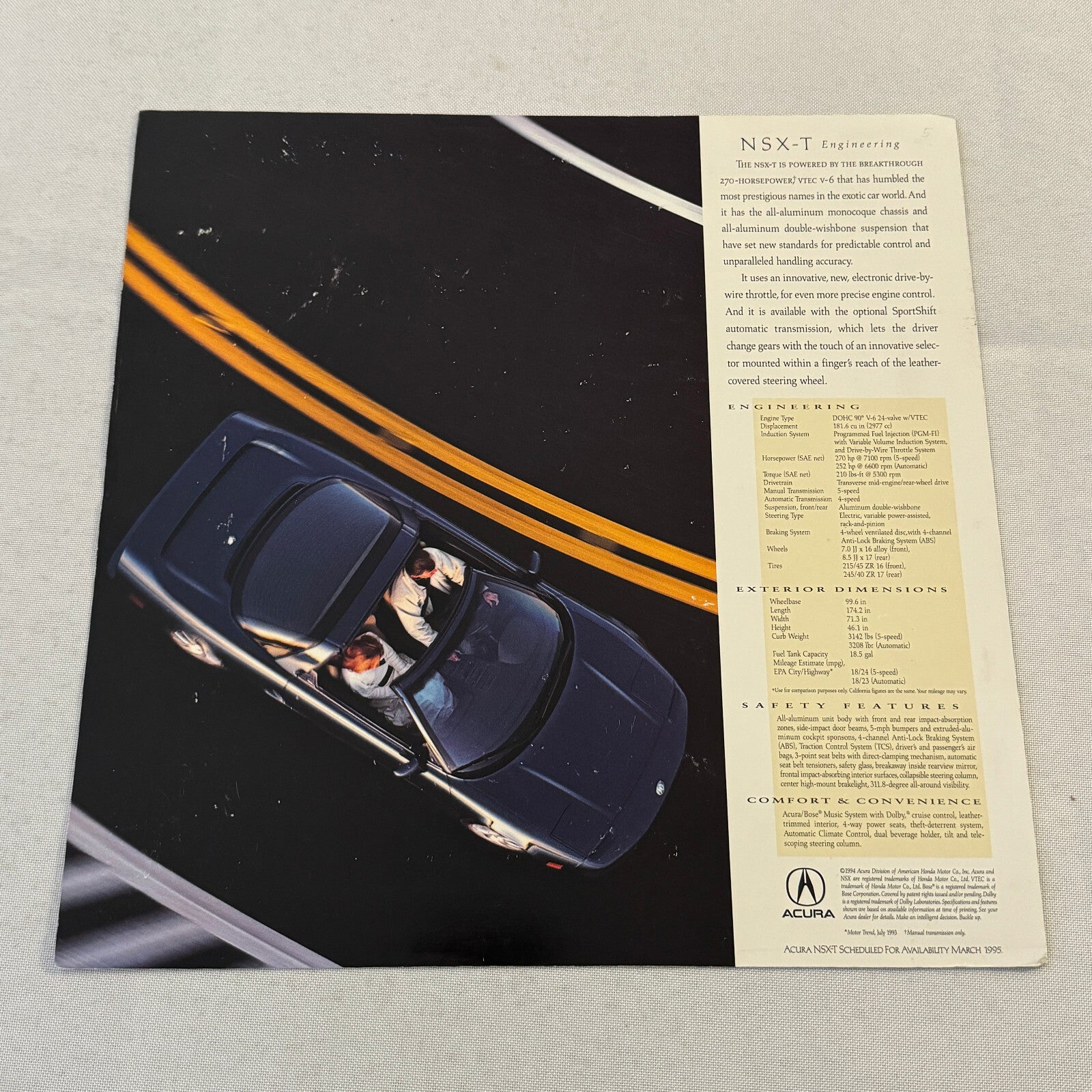 Acura NSX-T Car Sales Sheet Brochure Catalog Advertising Acura NSX T NSXT