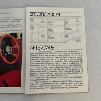 Fiat X1/9VS Car Sales Brochure Catalog Advertising Vintage Fiat X/19 VS X19 UK