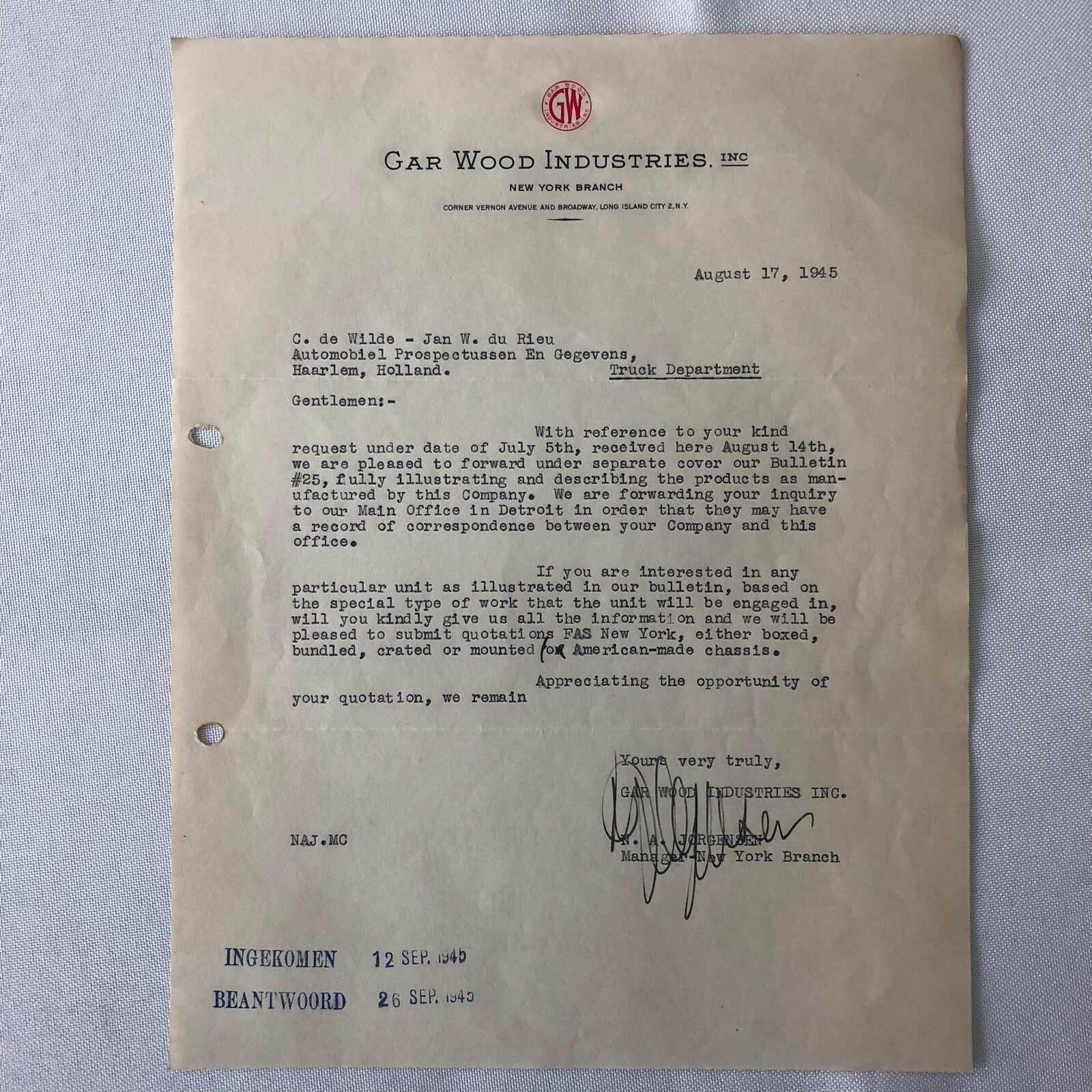 1945 - 1946 Gar Wood Industries Truck and Machinery Letter Letterhead Lot of 2