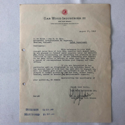 1945 - 1946 Gar Wood Industries Truck and Machinery Letter Letterhead Lot of 2