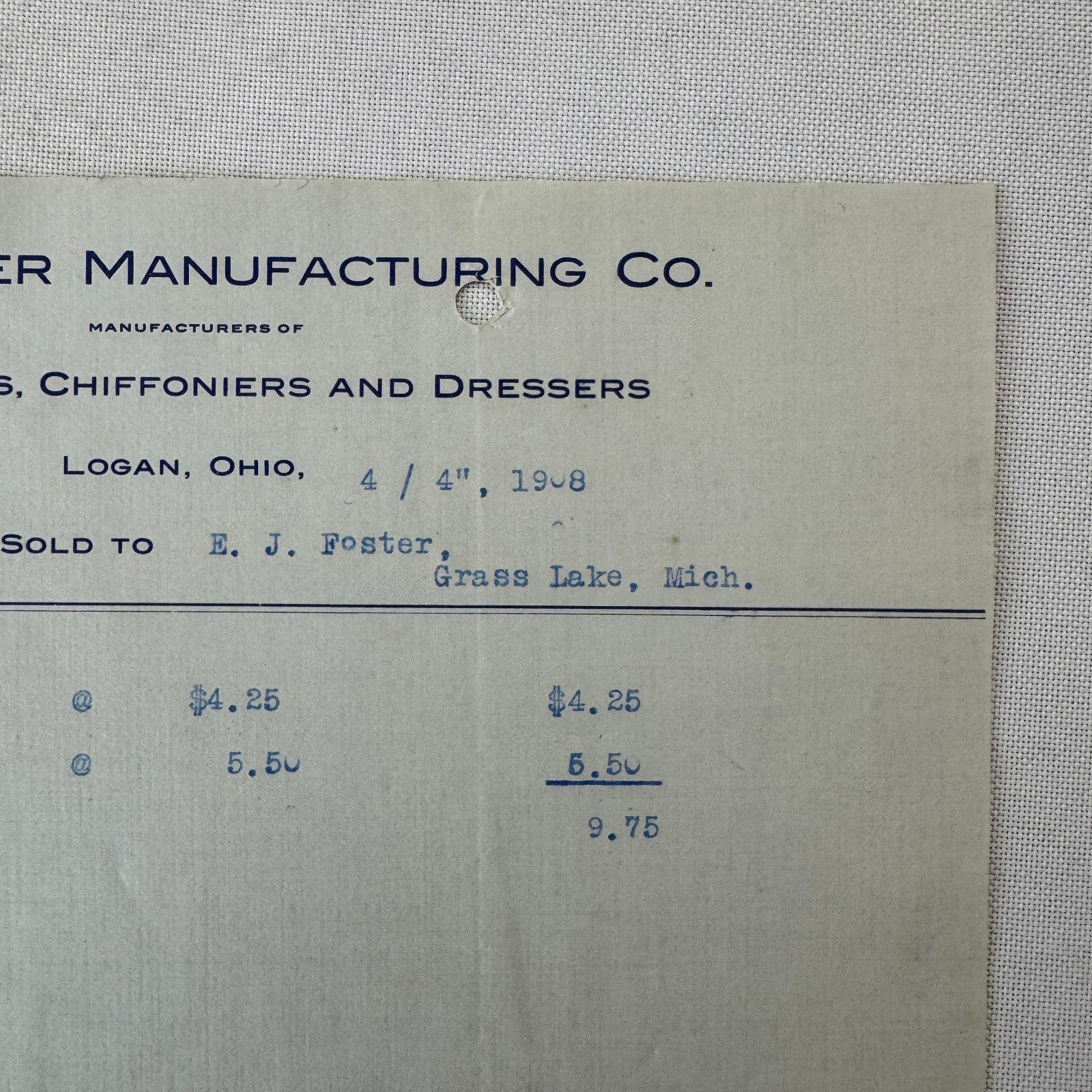 Snider Manufacturing Company Receipt Invoice Document 1908 Furniture Logan OH