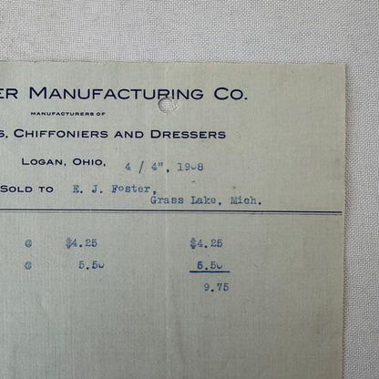 Snider Manufacturing Company Receipt Invoice Document 1908 Furniture Logan OH