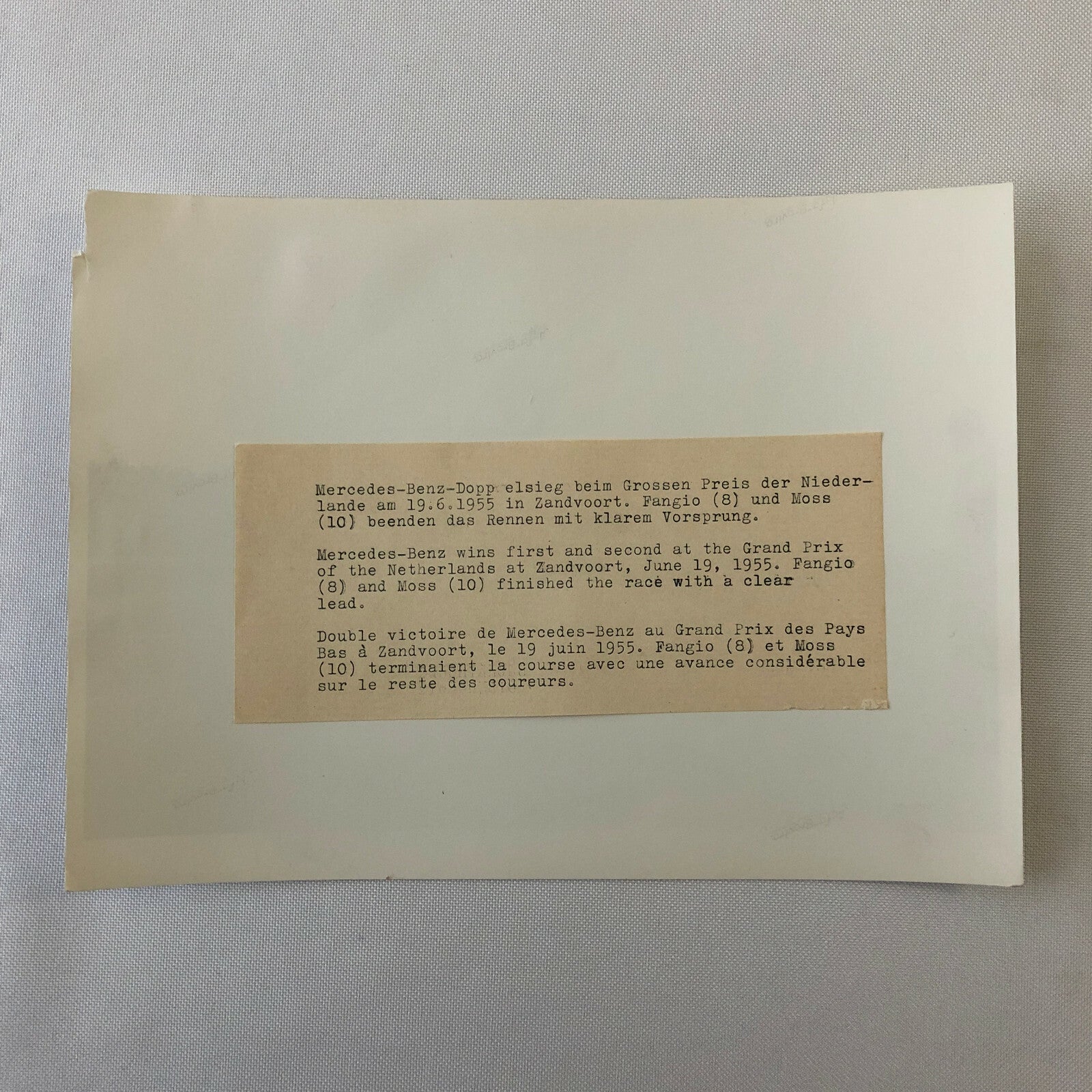 Vintage Juan Manuel Fangio and Stirling Moss Zandvoort Racing Photo Photograph 