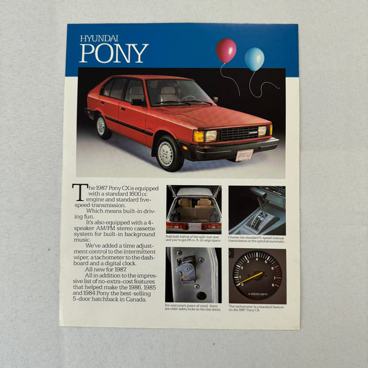 Vintage Hyundai Pony Car Sales Sheet Brochure Canadian Market