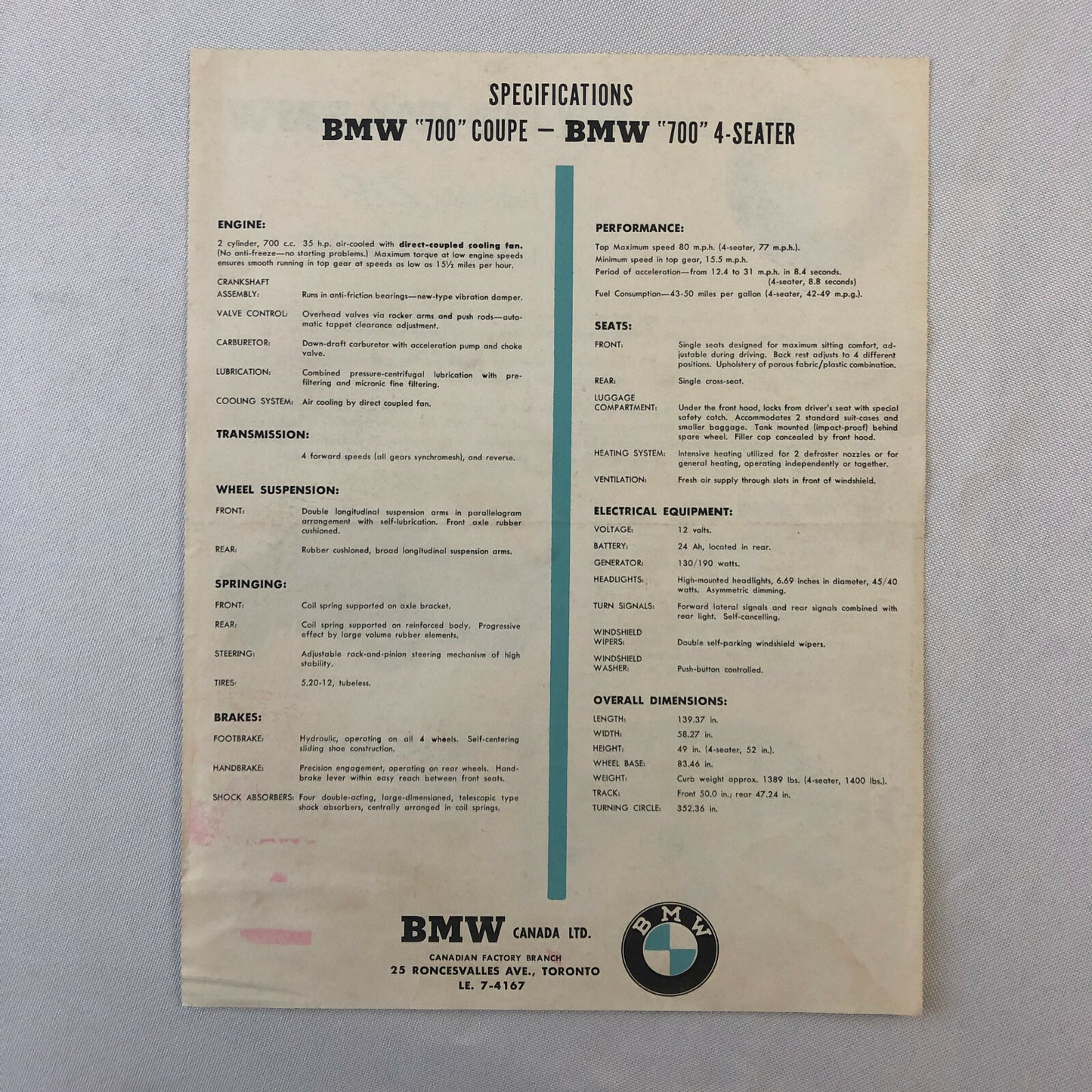 1960 1961 ? BMW 700 Sales Brochure 700 Sport Coupe & 700 4-Seater