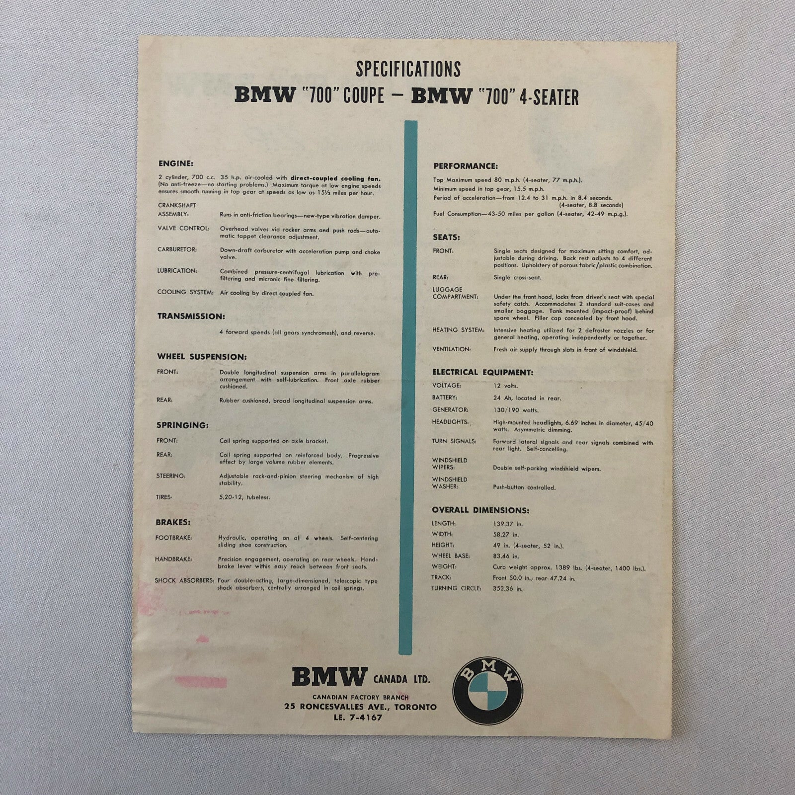 1960 1961 ? BMW 700 Sales Brochure 700 Sport Coupe & 700 4-Seater