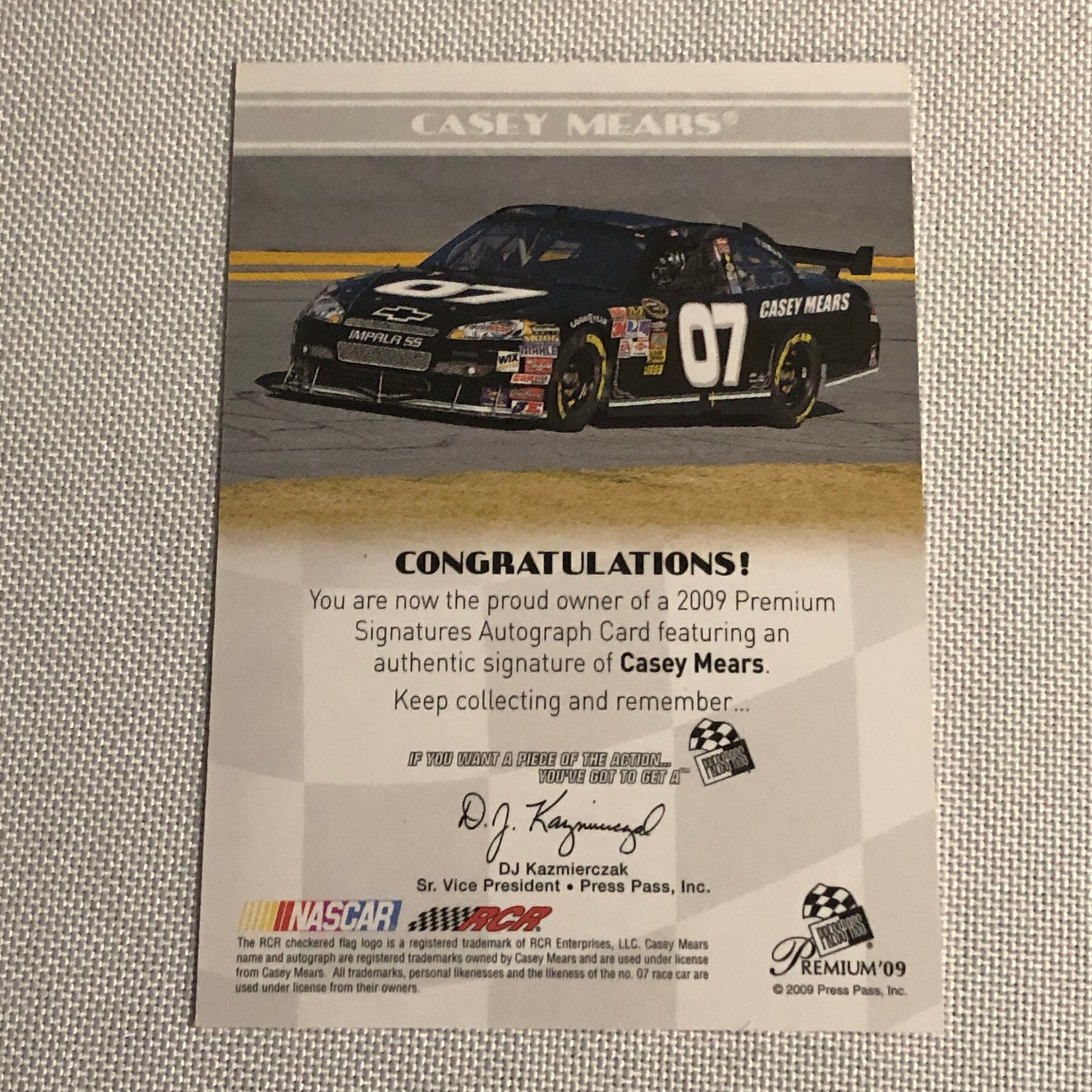 2009 Press Pass Premium Signatures Casey Mears Signed Signature Auto Card NASCAR