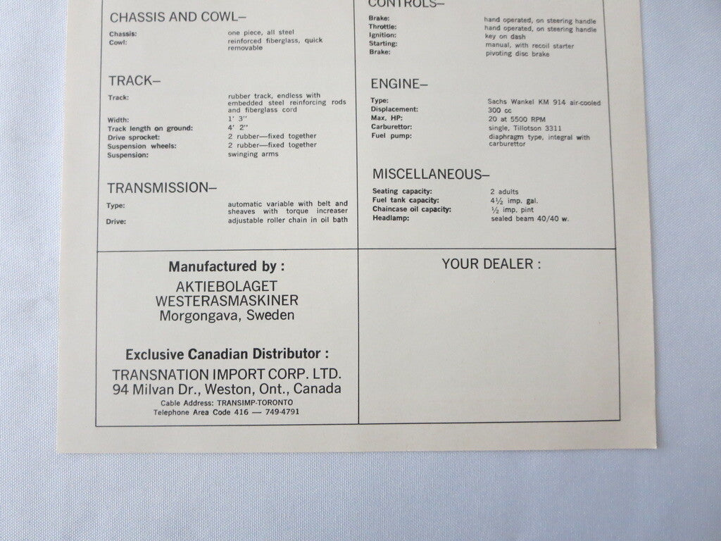 Vintage Sno-Fury MKII Swedish Snowmobile Snow Mobile Sales Sheet Brochure