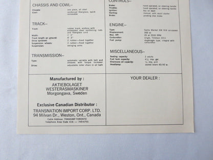 Vintage Sno-Fury MKII Swedish Snowmobile Snow Mobile Sales Sheet Brochure