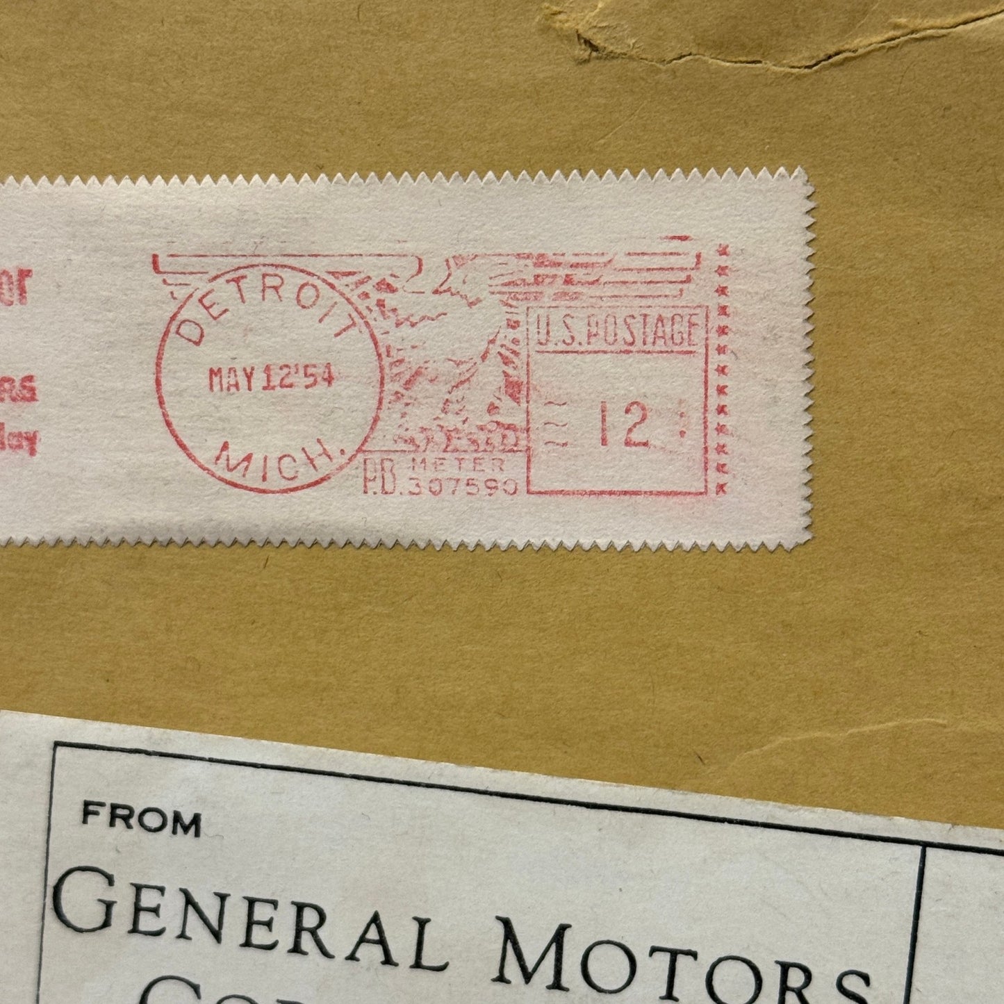 Vintage General Motors GM Envelope 1954 Postmark Empty