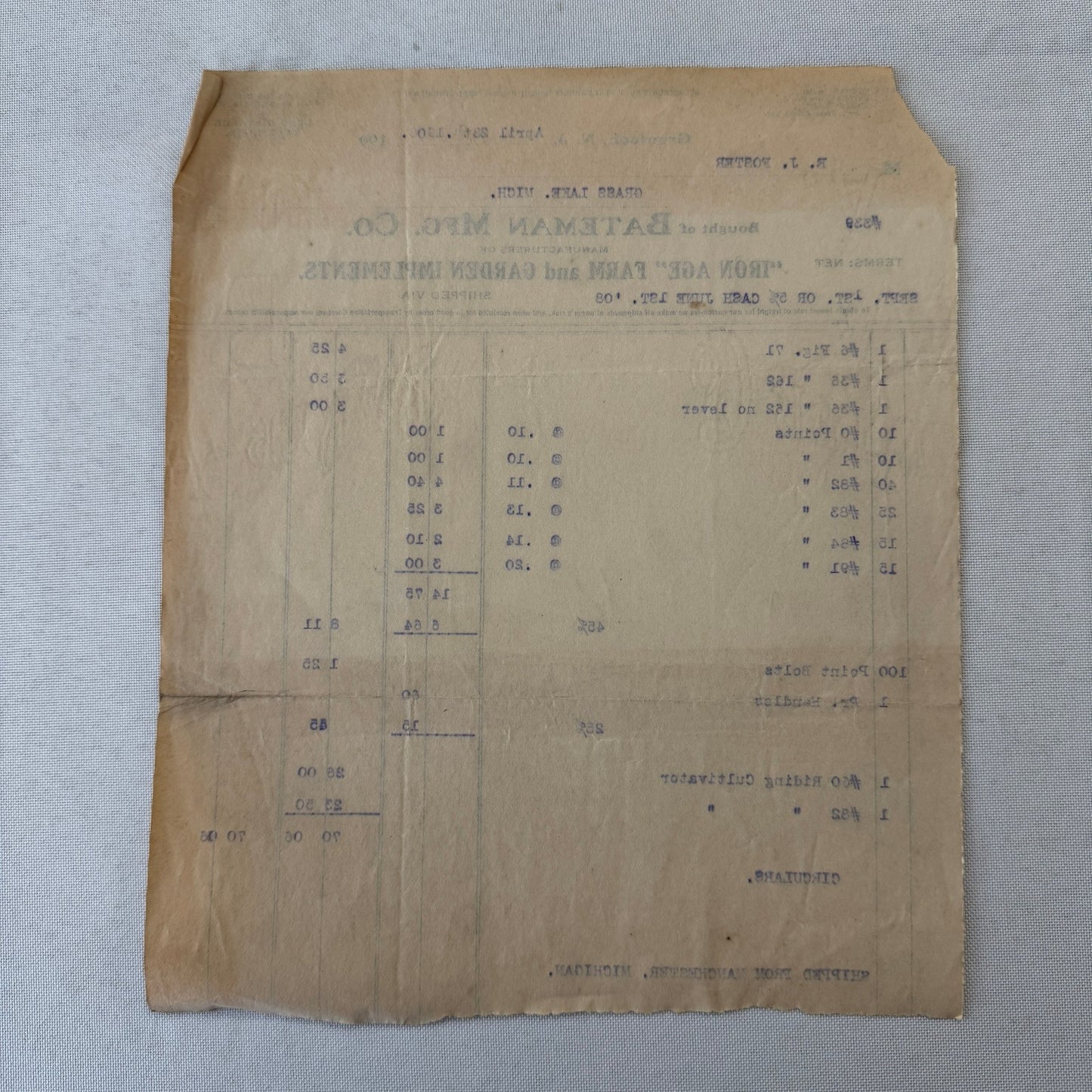 Bateman Manufacturing Receipt Letterhead Document Grenloch New Jersey 1908 Farm