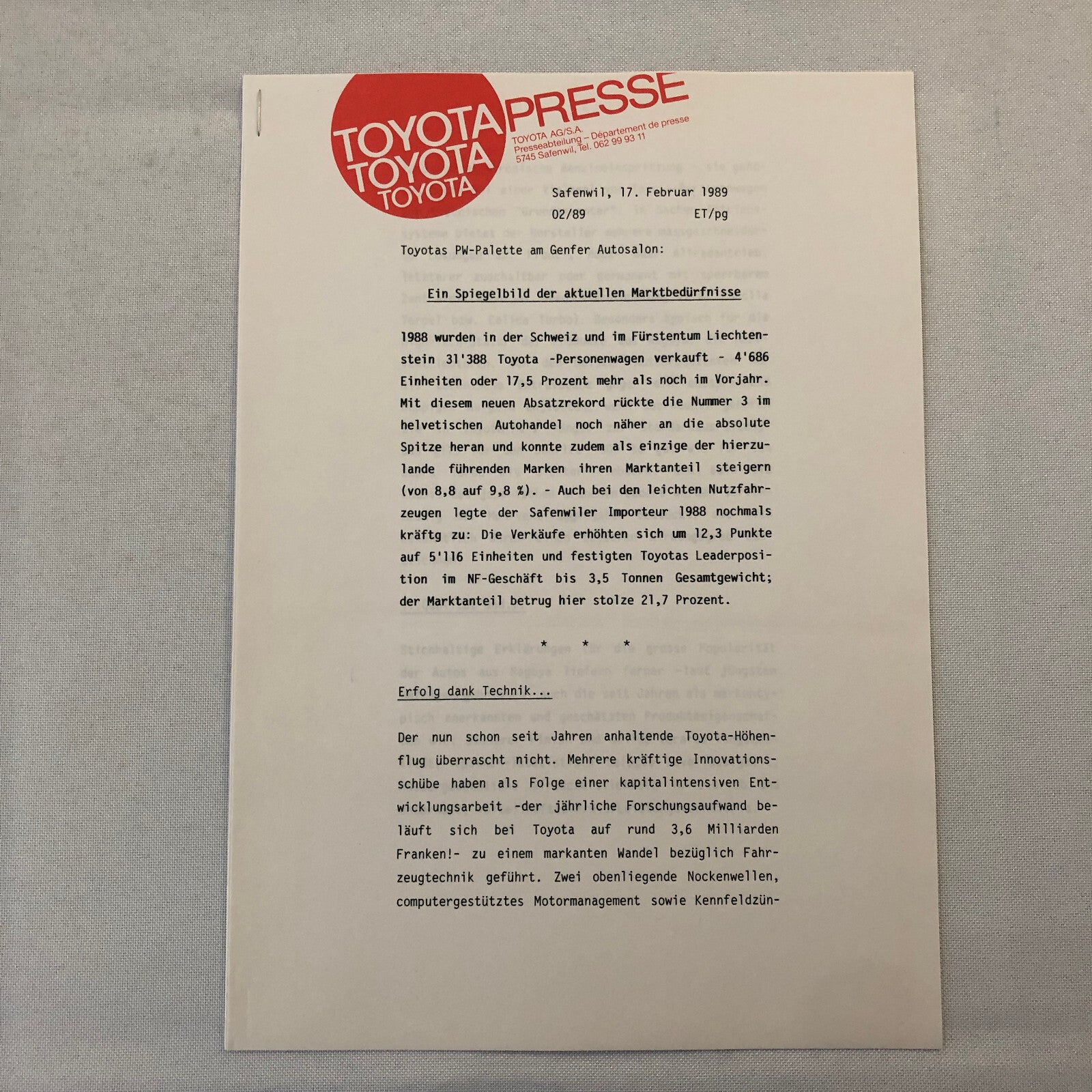 1989 Toyota Press Kit German Brochure Starlet Supra Carina Corolla Photos
