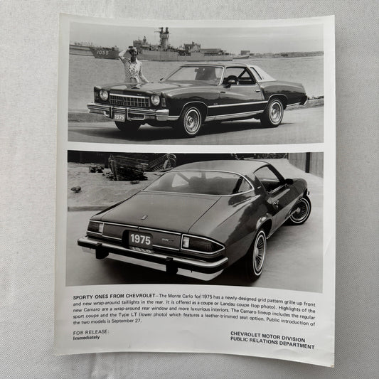 1975 Chevrolet Press Photo Photograph Monte Carlo Camaro Type LT Vintage