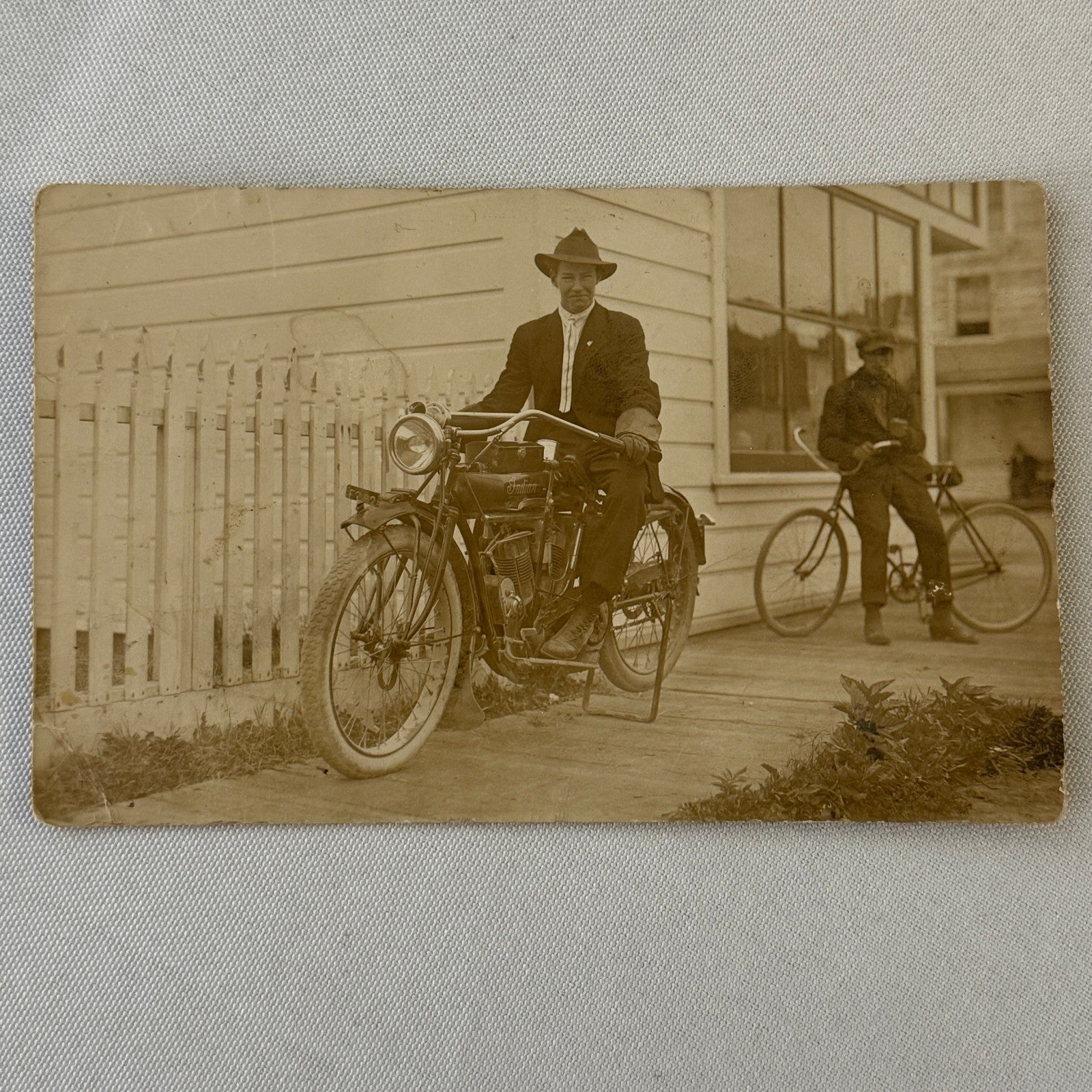 Antique Indian Motorcycle Bicycle Rider Real Photo Postcard RPPC Vintage Bike