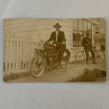 Antique Indian Motorcycle Bicycle Rider Real Photo Postcard RPPC Vintage Bike