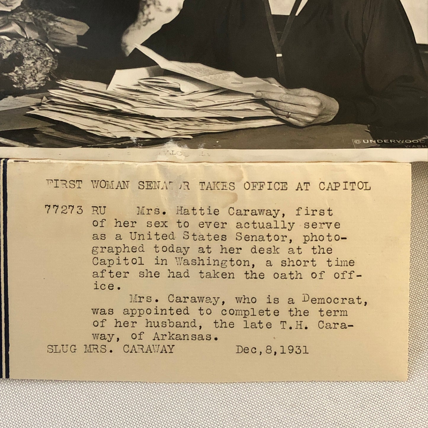 Press Photo Photograph Hattie Wyatt Caraway First Female Sentator Underwood