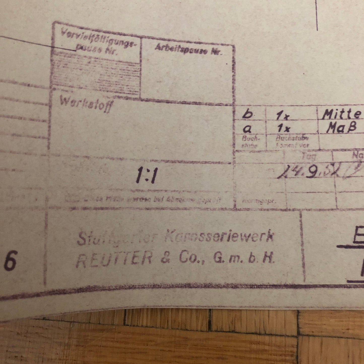 Vintage Porsche Reutter & Co Coachbuilder Factory Part Blueprint Document German