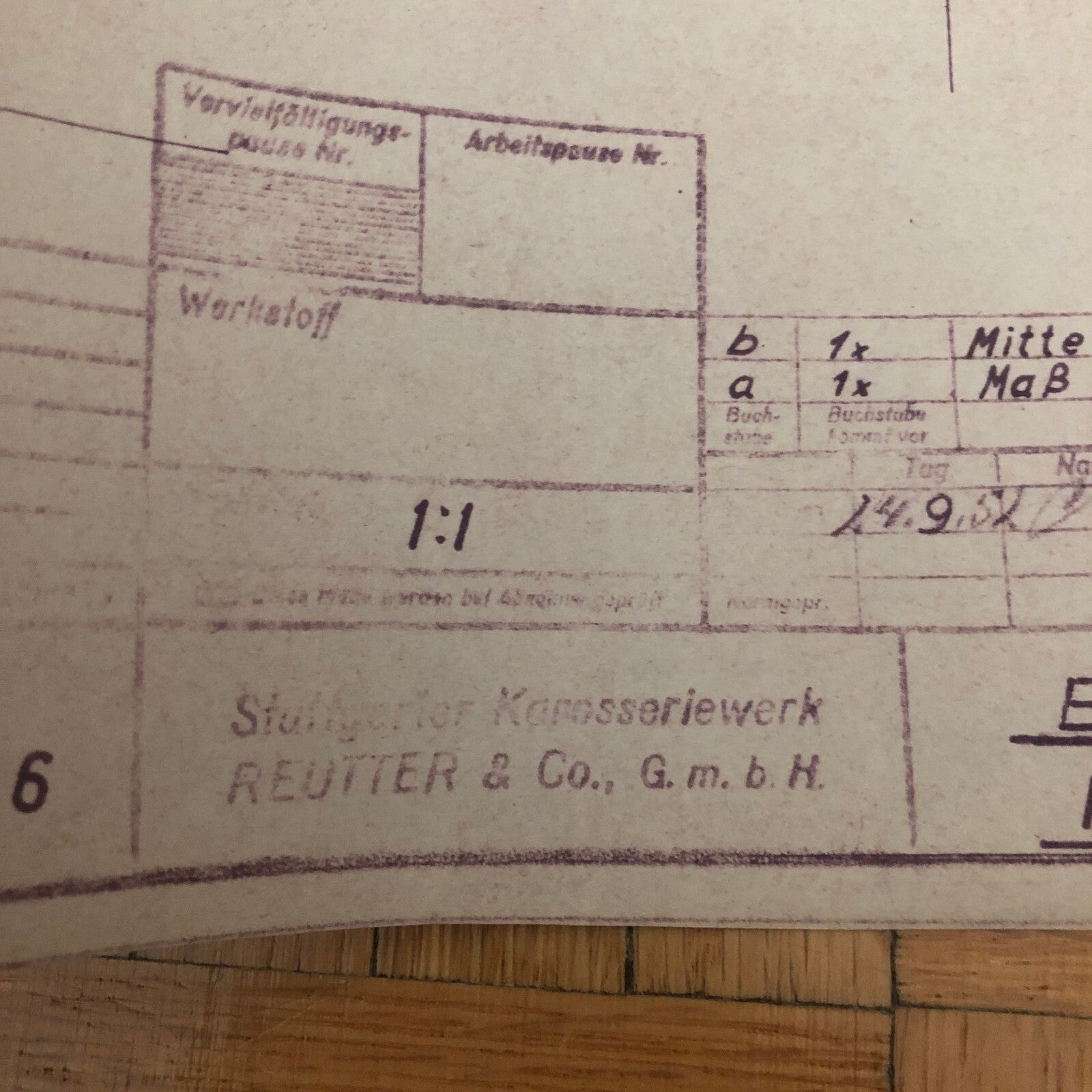 Vintage Porsche Reutter & Co Coachbuilder Factory Part Blueprint Document German