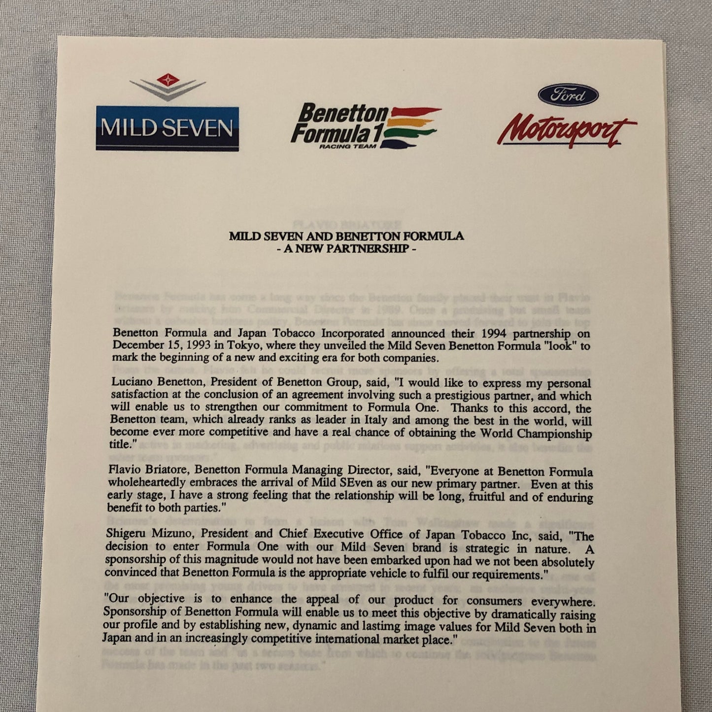 Benetton Ford B194 Racing Car Press Kit with Photos