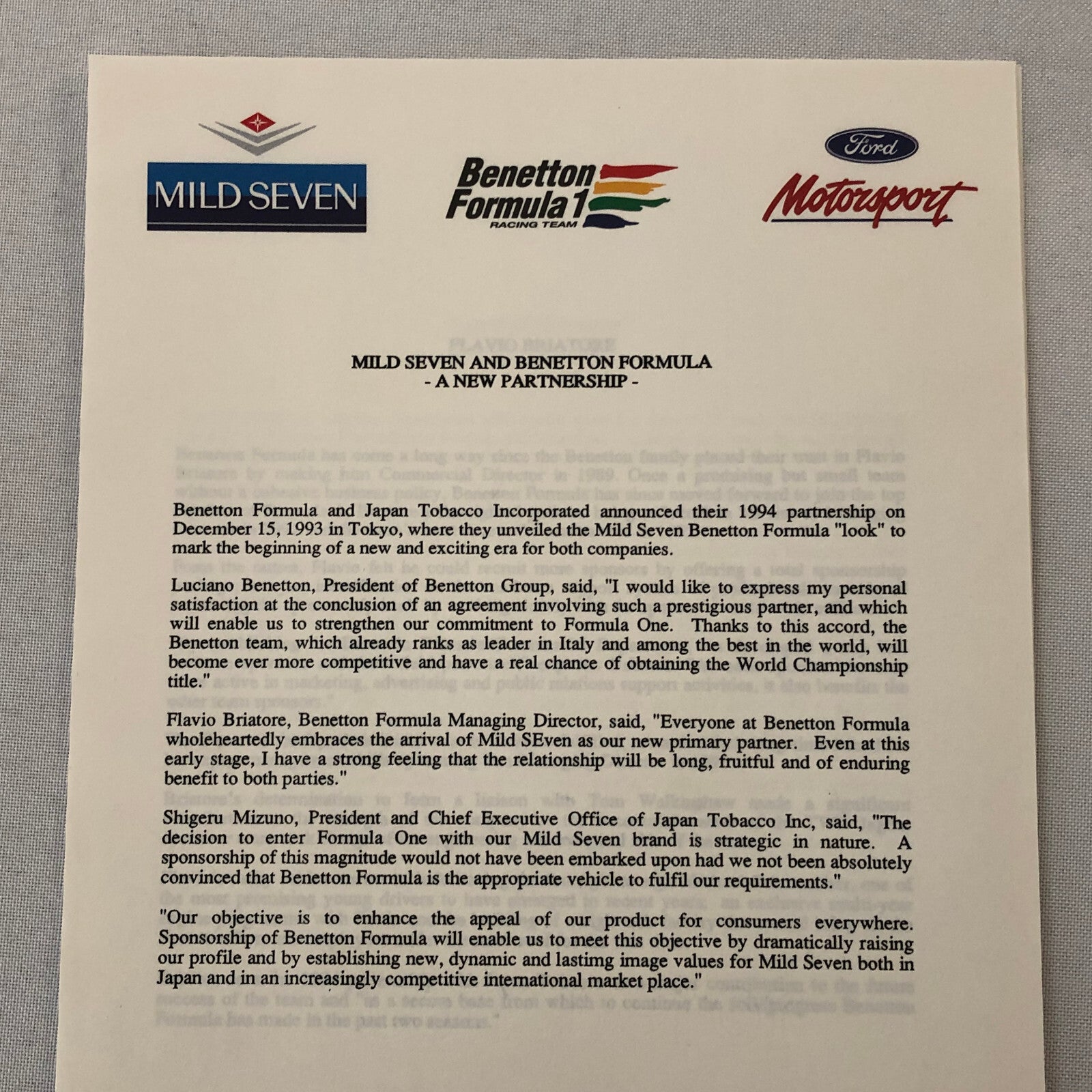 Benetton Ford B194 Racing Car Press Kit with Photos