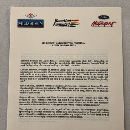 Benetton Ford B194 Racing Car Press Kit with Photos