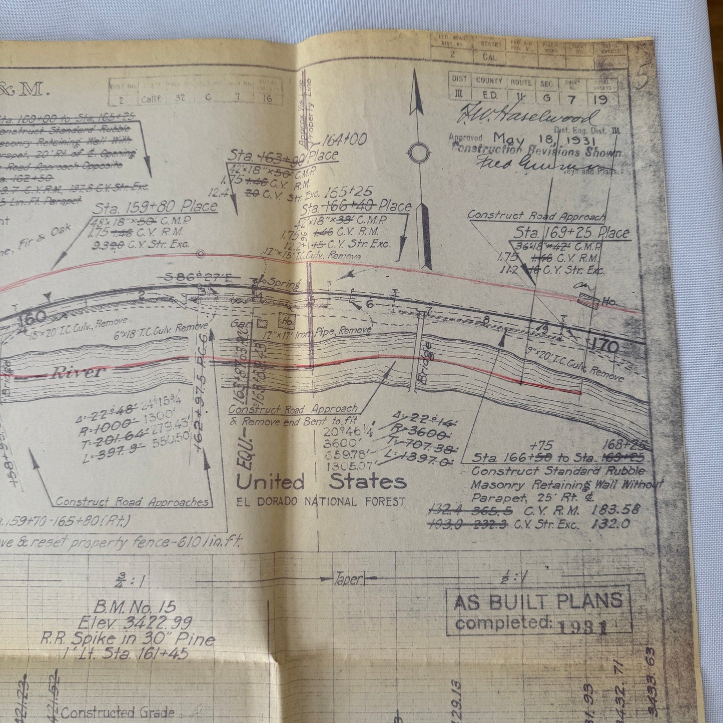 1931 California Highway Dept “As Built” Road Plan Map Blueprint T11N R14E MDB&M