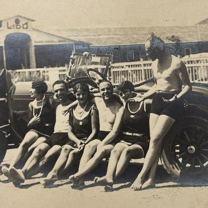 Antique Photo Photograph People on Beach with Early Automobile Car