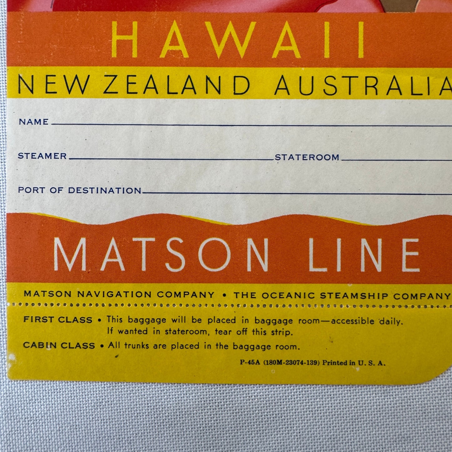 Matson Steamship Ocean Liner Ship Luggage Label Hawaii New Zealand Australia