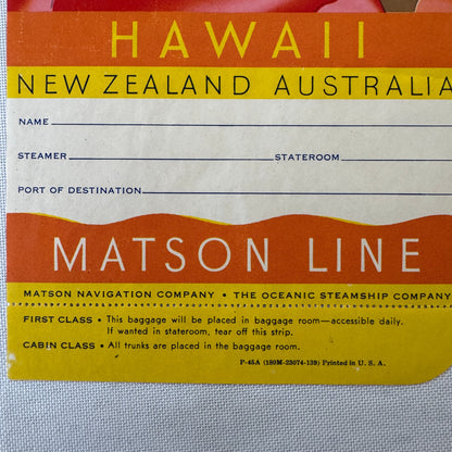Matson Steamship Ocean Liner Ship Luggage Label Hawaii New Zealand Australia