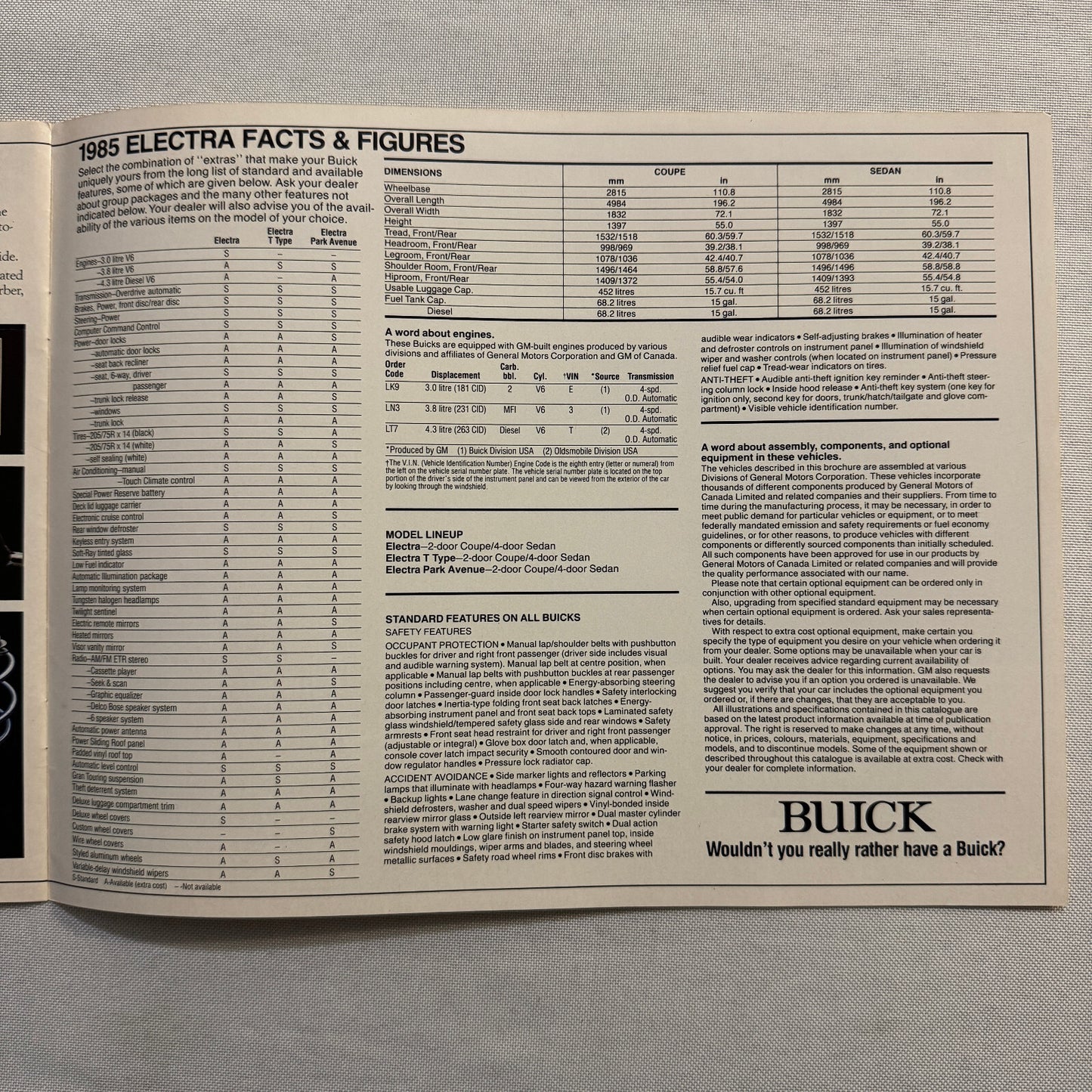 1985 Buick Electra Car Sales Brochure Catalog Coupe Sedan Vintage