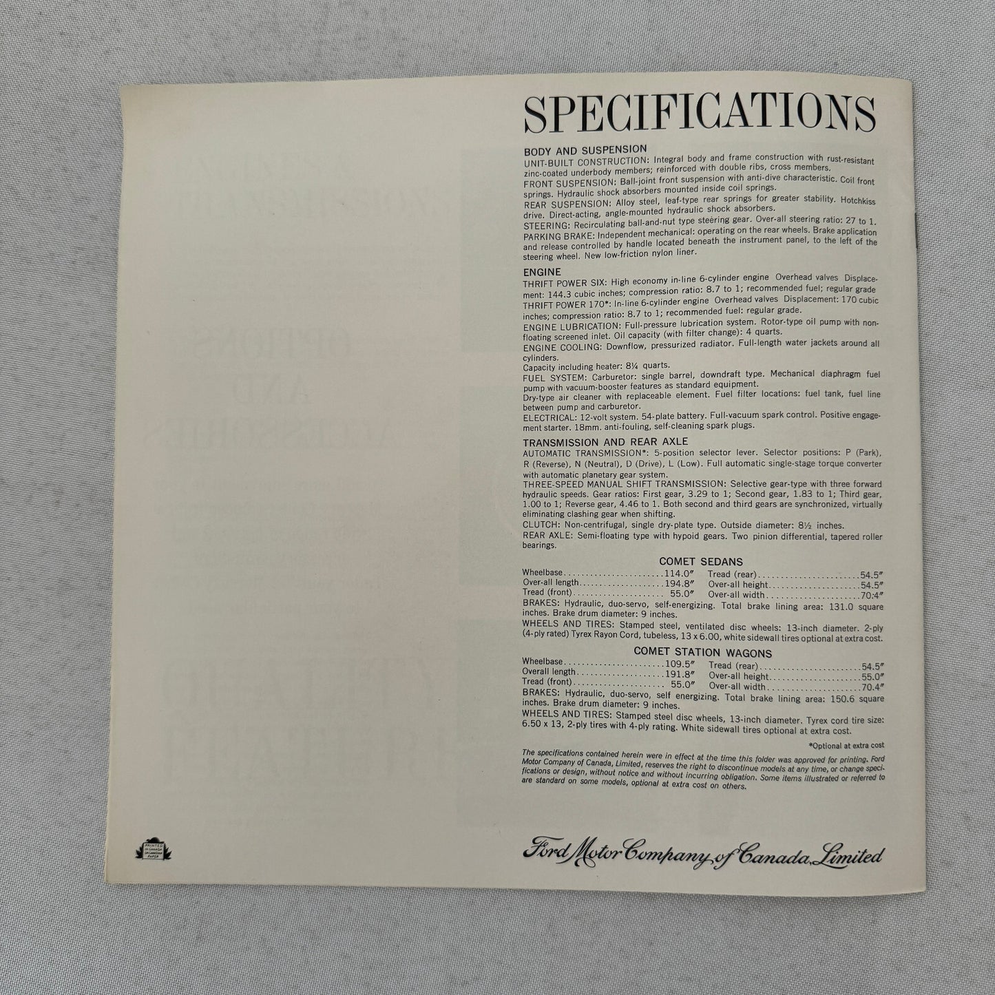 1962 Mercury Comet Car Sales Brochure Catalog Sedan Station Wagon Canadian