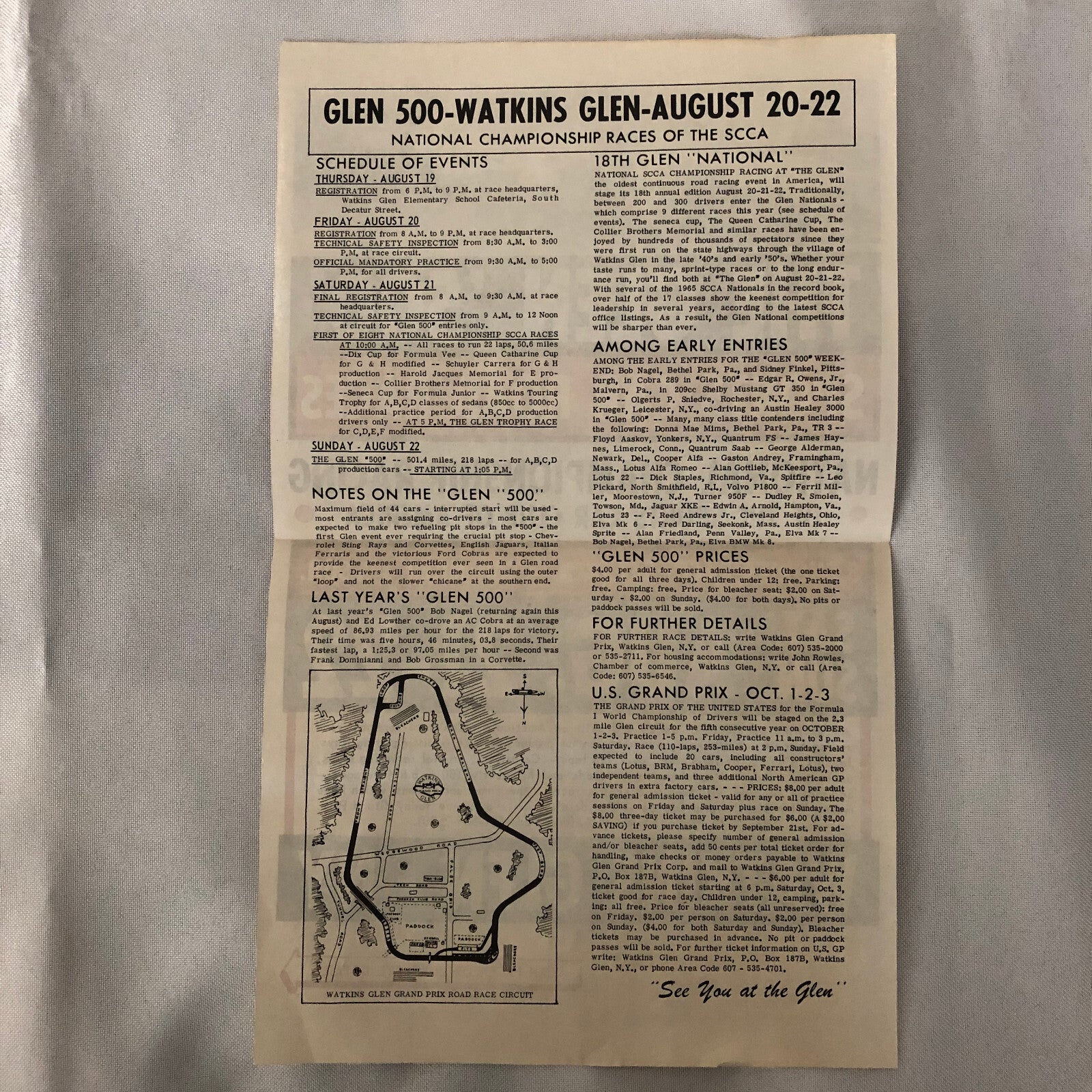 Vintage Watkins Glen Sports Car Road Race Poster Cobra Ferrari 250 SCCA