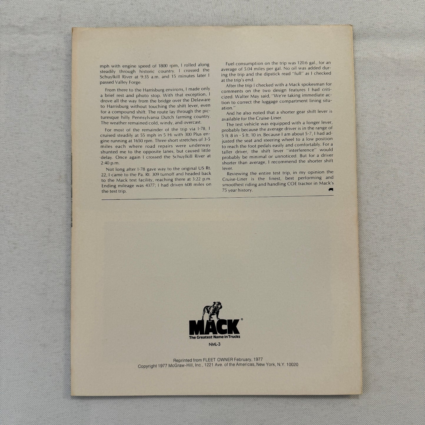 Mack Cruise Liner Truck Sales Brochure Catalog Advertising Cruise-Liner