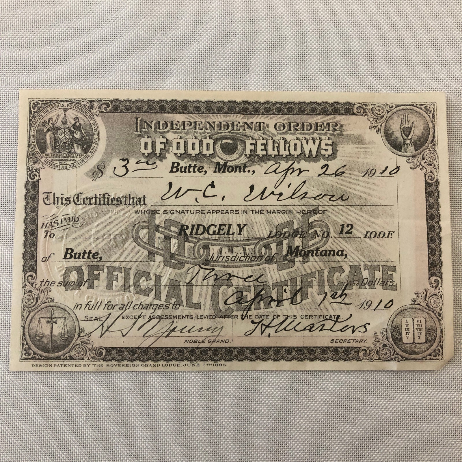 Independent Order of Odd Fellows Official Membership Certificate Document Lot 4x