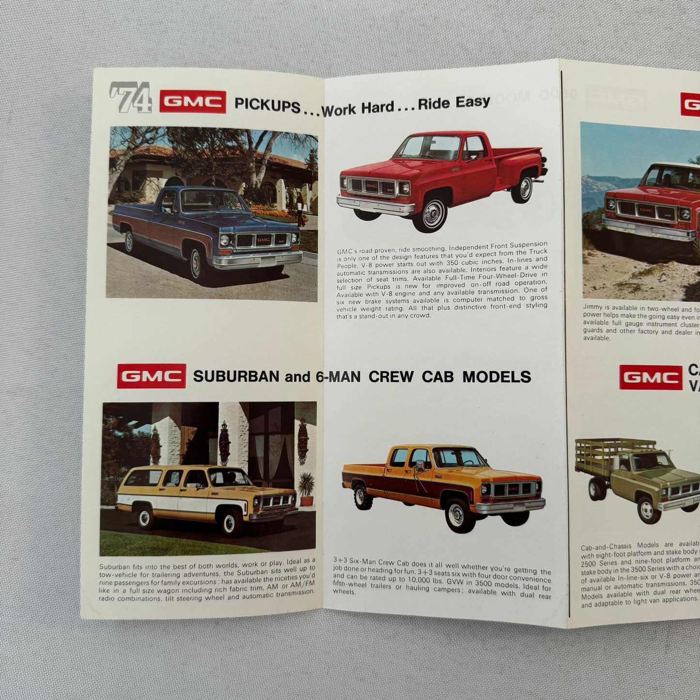 1974 GMC Truck Sales Brochure Jimmy Pickup Sprint School Bus Vandura Rally Van +