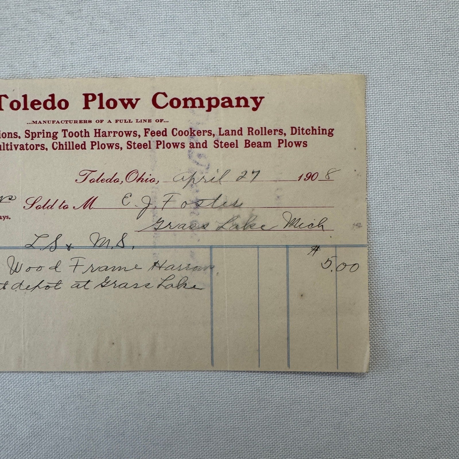 The Toledo Plow Company Invoice Receipt Document Lot 2x 1906 1908 Antique