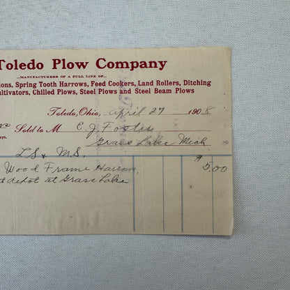 The Toledo Plow Company Invoice Receipt Document Lot 2x 1906 1908 Antique
