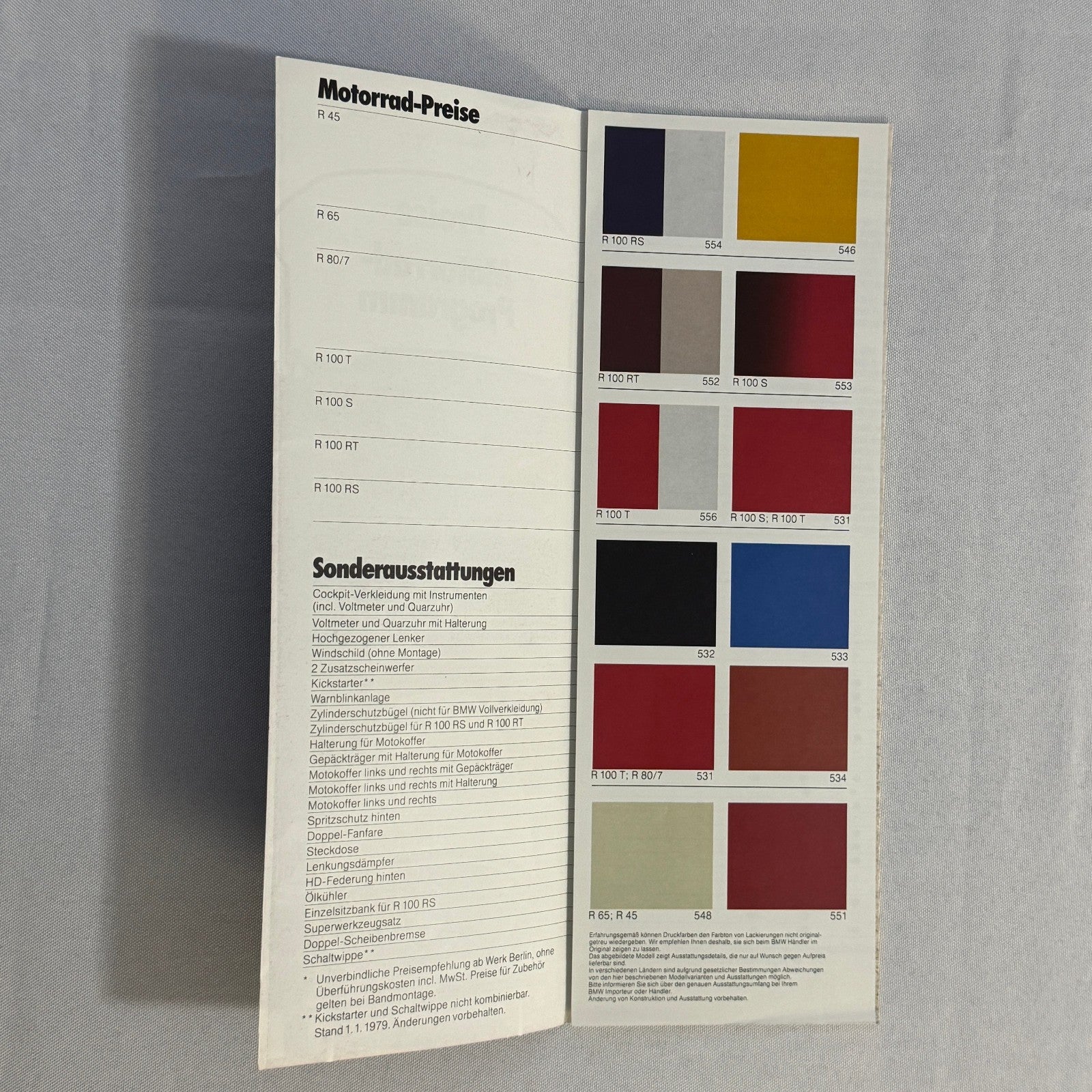 1979 BMW Motorcycle Price and Options Brochure Catalog R65 R100 R80 R45 GERMAN