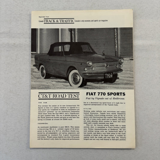 Fiat 770 Sports Car Track and Traffic Road Test Brochure Catalog Advertising