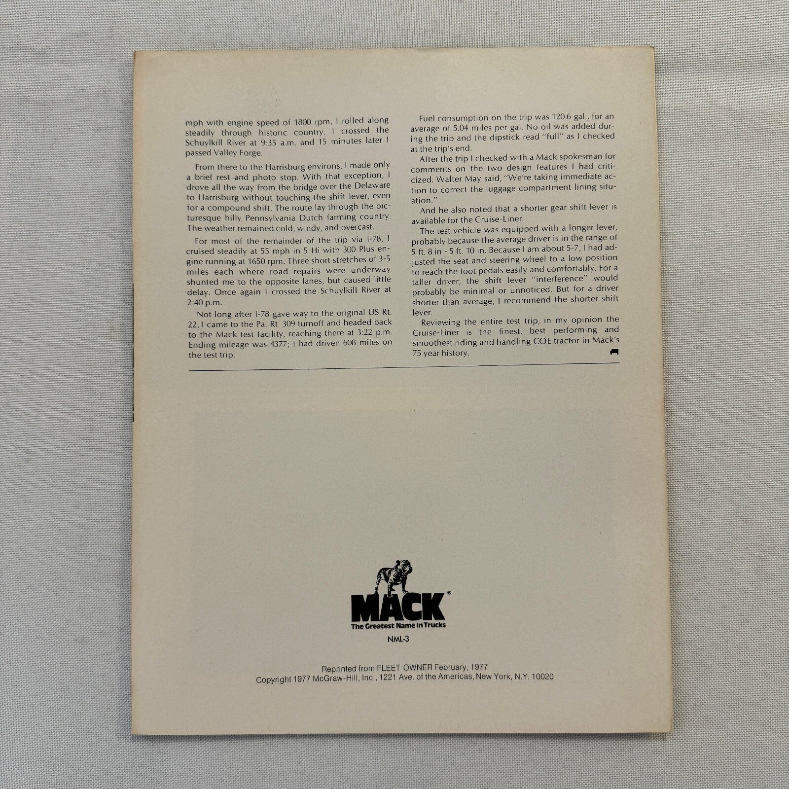 Mack Cruise Liner Truck Sales Brochure Catalog Advertising Cruise-Liner